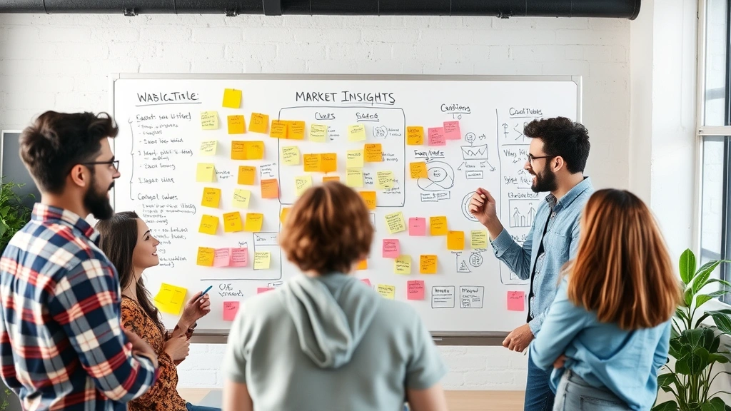 Diverse team collaborating around whiteboard with sticky notes and diagrams, brainstorming market insights, energetic startup environment