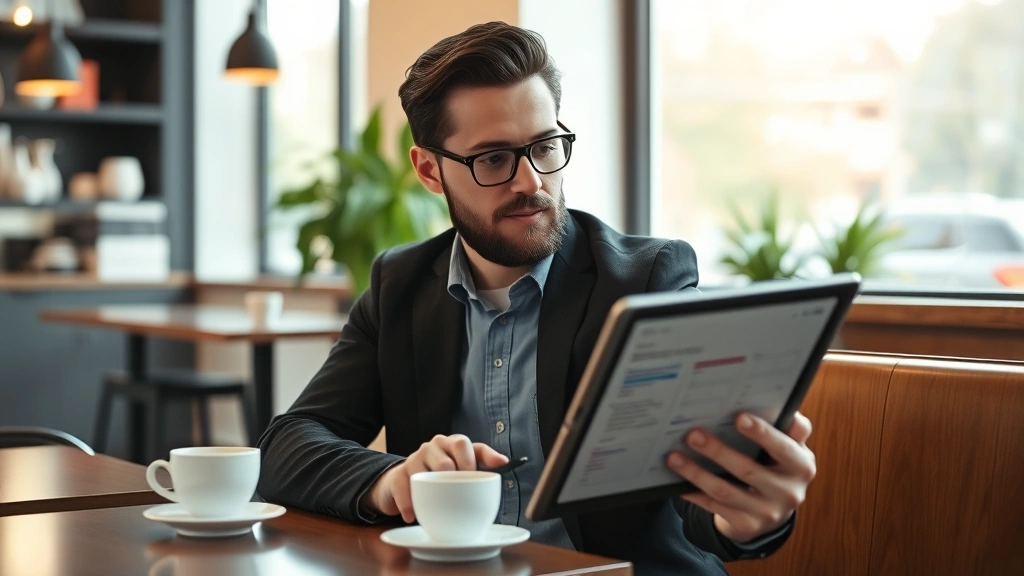 Entrepreneur reviewing customer feedback data on tablet while looking thoughtful, coffee shop setting, natural window light