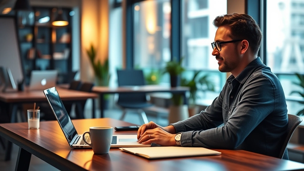 Founder working late at laptop in modern startup office, coffee cup on desk, focused expression, warm lighting