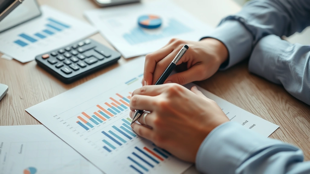 Close-up of hands writing financial metrics and growth charts on paper with pen, spreadsheet and calculator nearby on desk