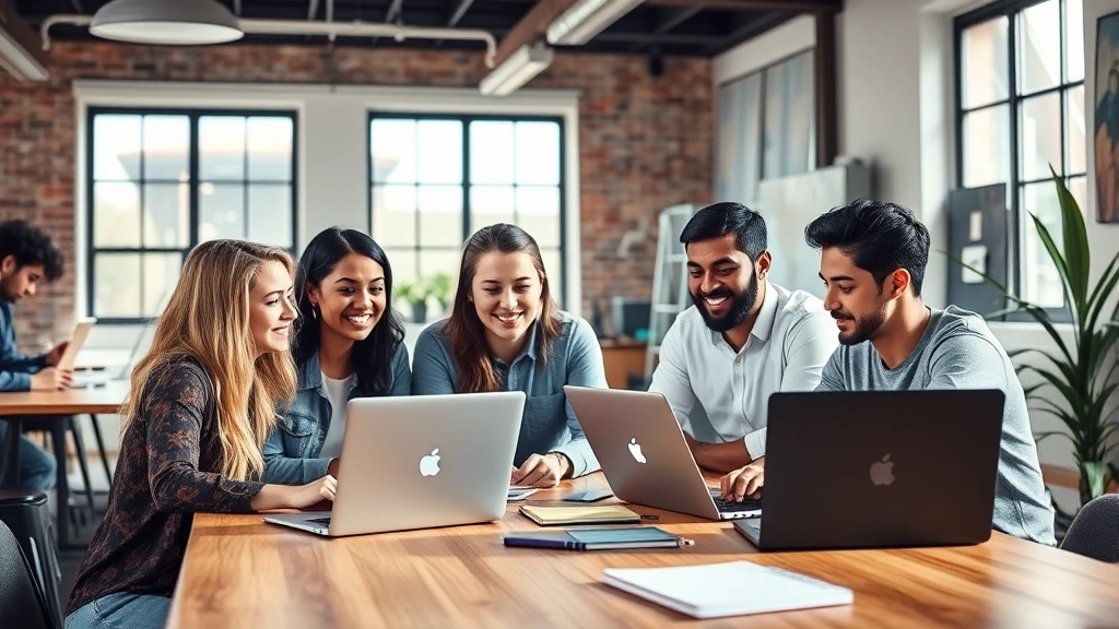 Diverse founding team of four professionals in casual startup office setting, collaborating at wooden table with laptops and notebooks, natural sunlight, genuine engagement