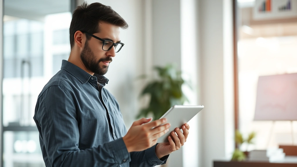 Entrepreneur reviewing financial dashboard on tablet in modern office, focused expression, charts and metrics visible but blurred, natural lighting from window