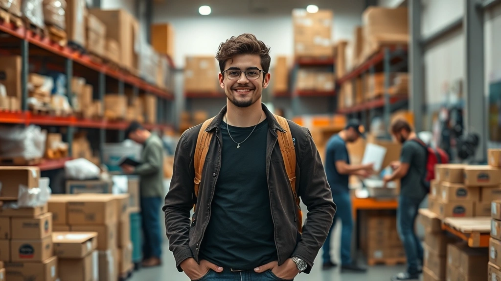 Young founder standing confidently in warehouse startup space surrounded by products and team members working in background, embodying growth and scale
