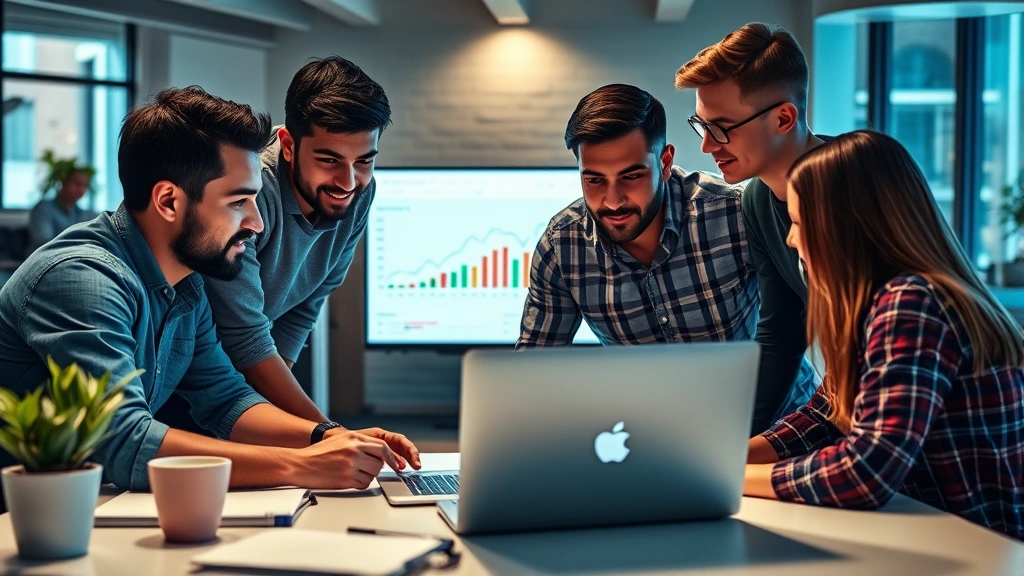 Startup team collaborating around laptop, reviewing financial projections and metrics on screen, diverse team, startup workspace aesthetic, focused intensity