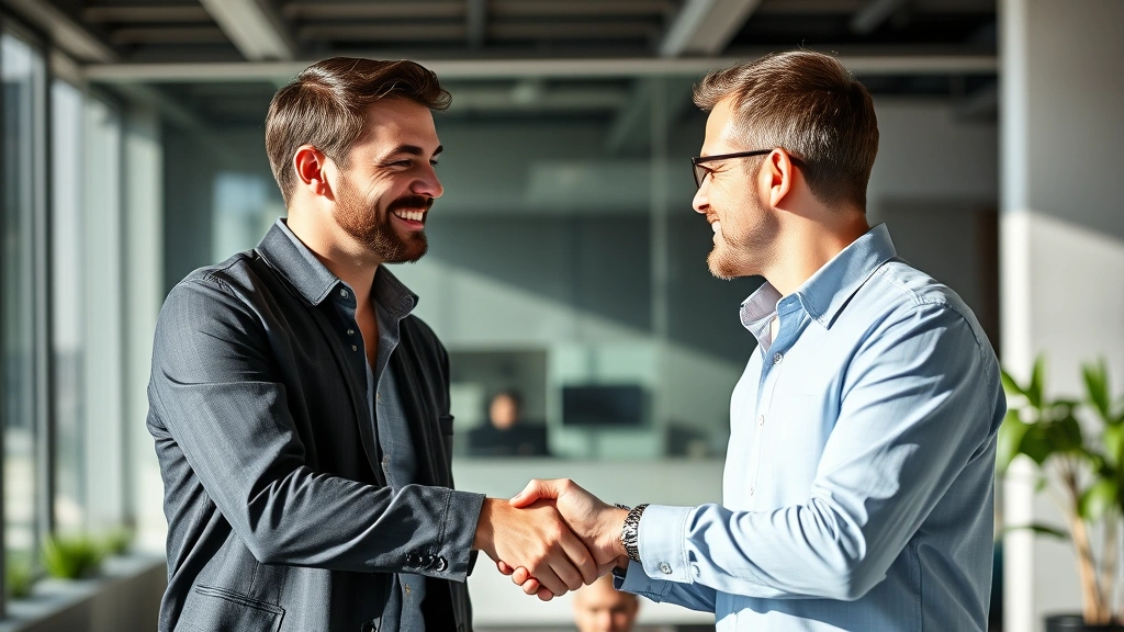 Handshake between founder and investor after successful funding round, both smiling, natural daylight, professional but celebratory mood, modern office background