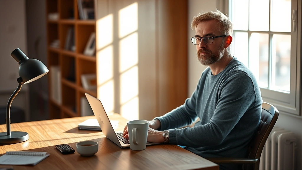 Founder sitting at a wooden desk with a laptop and coffee cup, morning sunlight streaming through the window, focused and determined expression, minimalist workspace