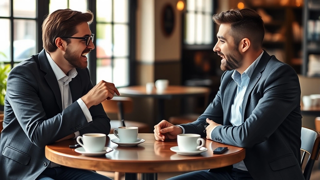 Two entrepreneurs having an animated discussion over coffee at a café table, both leaning in engaged, natural lighting, diverse team collaboration