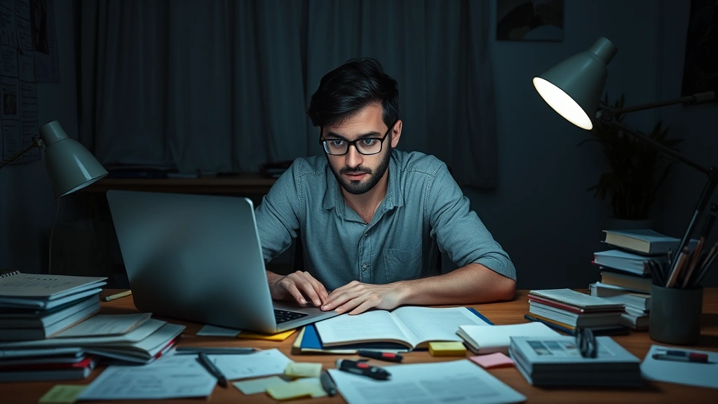 Solo founder working late at night at a desk surrounded by notebooks and sticky notes, laptop glowing, determined but tired expression, creative workspace setup