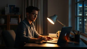 Founder working at desk late at night with laptop and coffee, tired but focused, natural lighting from window, realistic startup workspace