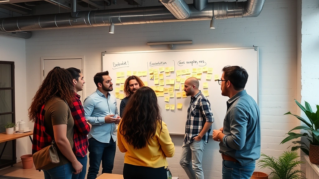 Team of diverse entrepreneurs in casual startup office having intense discussion around whiteboard with sticky notes, collaborative energy, authentic moment