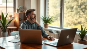 Entrepreneur sitting at a wooden desk in a bright startup office, laptop open, thinking deeply while looking out a window, natural morning light streaming in, focused expression