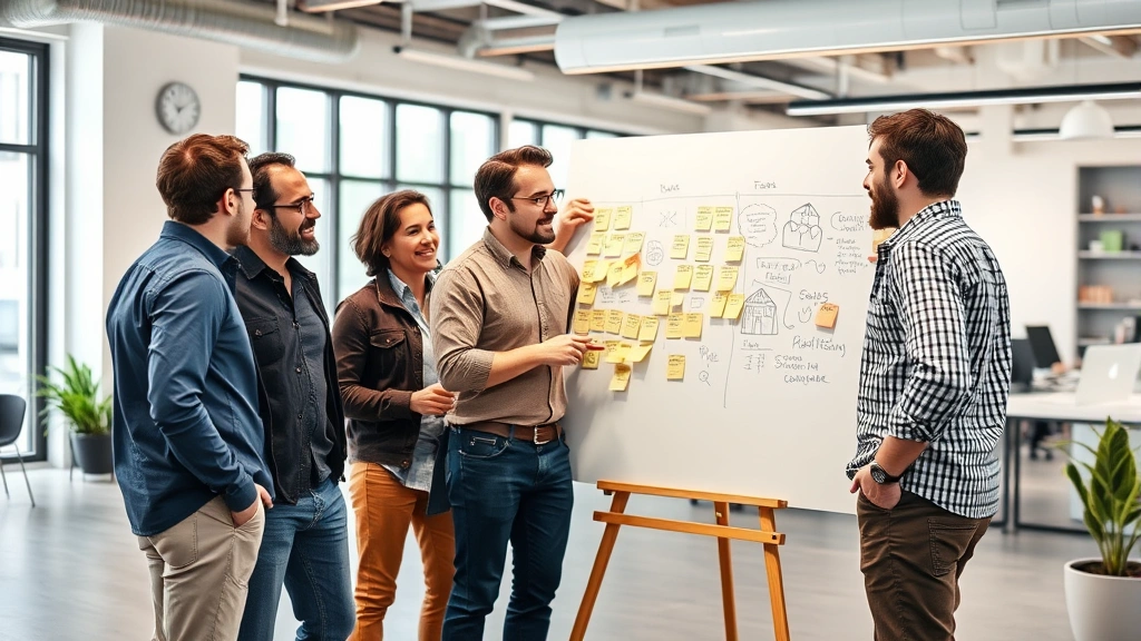 Team of four founders having an animated discussion around a whiteboard covered with sticky notes and sketches, standing in a modern open office space, collaborative energy