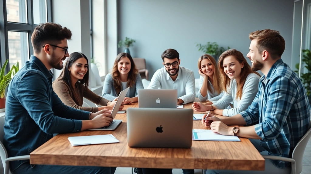 Diverse startup team of young entrepreneurs in modern office space having collaborative meeting around wooden table with laptops and notebooks, natural window light, everyone engaged and smiling