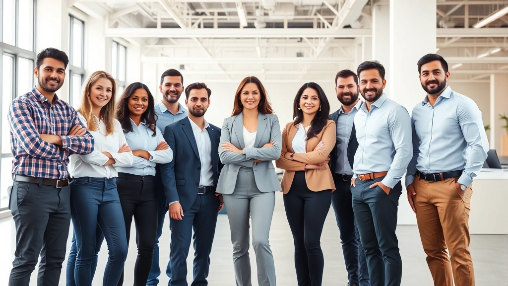 Group of diverse business professionals in casual business attire standing together in modern open-plan office space, natural daylight, collaborative and motivated atmosphere
