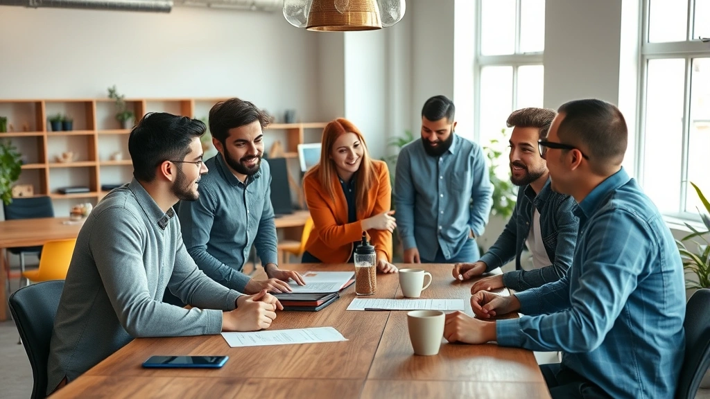 Diverse team of young entrepreneurs in a casual startup office having a collaborative discussion around a wooden table, natural lighting, genuine engagement and energy