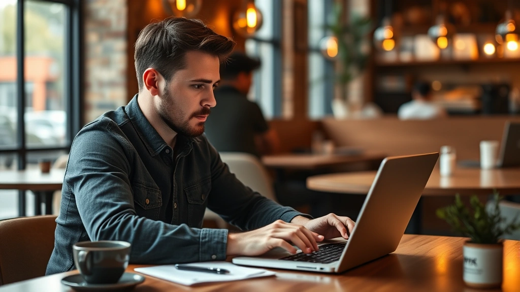 Founder reviewing business metrics and growth charts on a laptop at a coffee shop, focused and thoughtful, warm natural light through windows