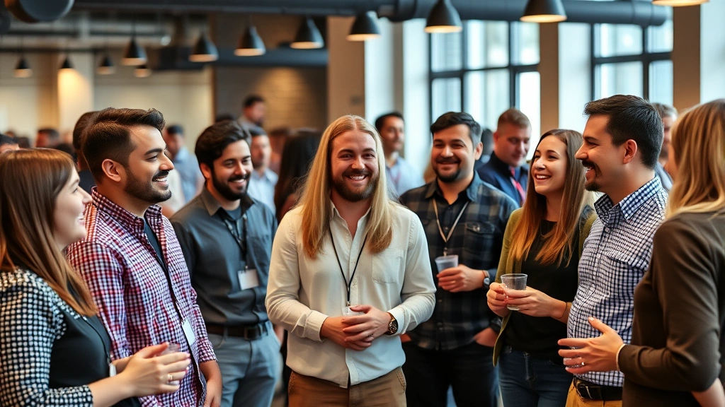 Diverse group of founders and mentors in a casual networking setting, having meaningful conversations, authentic smiles, entrepreneurial atmosphere