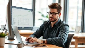 Founder working at desk with laptop, financial spreadsheet visible on monitor, focused expression, modern startup office with natural lighting, coffee cup nearby, professional but casual attire