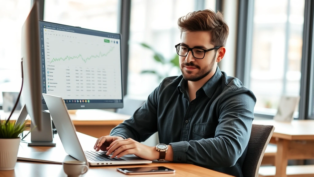 Founder working at desk with laptop, financial spreadsheet visible on monitor, focused expression, modern startup office with natural lighting, coffee cup nearby, professional but casual attire