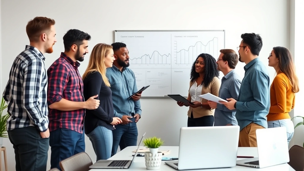 Team of diverse founders in a meeting room, reviewing metrics on whiteboard in background, collaborative discussion, natural window light, standing around table with notebooks and laptops