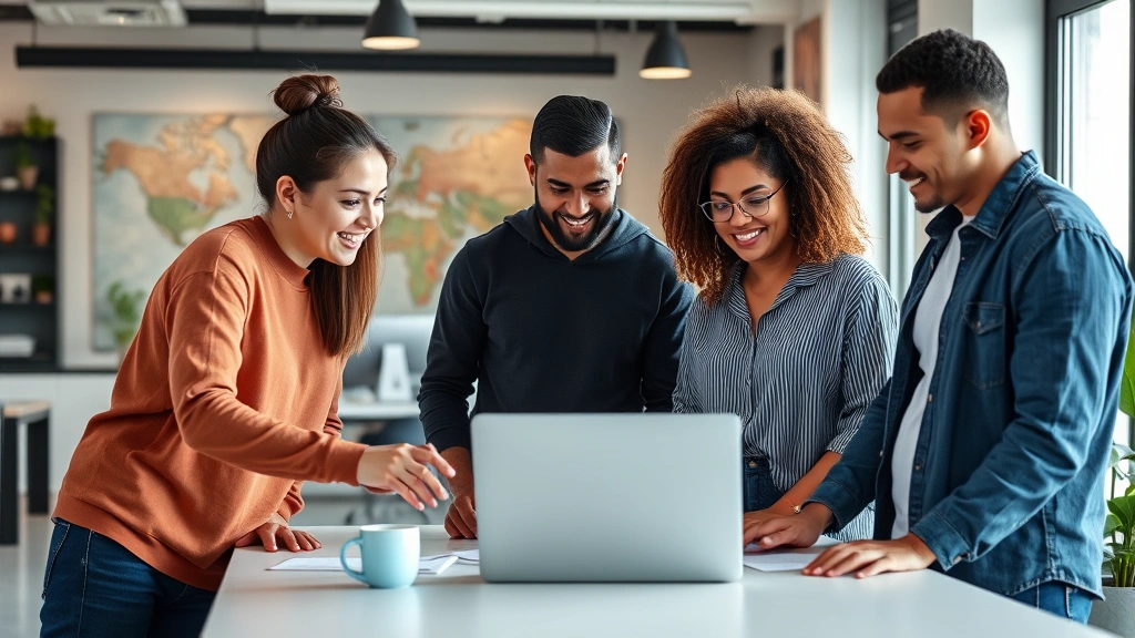 Diverse founding team of three people in collaborative moment reviewing product on laptop, standing around desk, engaged discussion, modern workspace