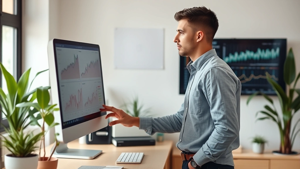 Young entrepreneur at standing desk reviewing metrics and growth charts on computer monitor, thoughtful expression, natural office setting with plants