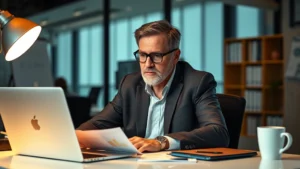 Founder working at desk with financial reports and laptop, focused expression, warm office lighting, coffee cup nearby, professional attire, serious but determined mood