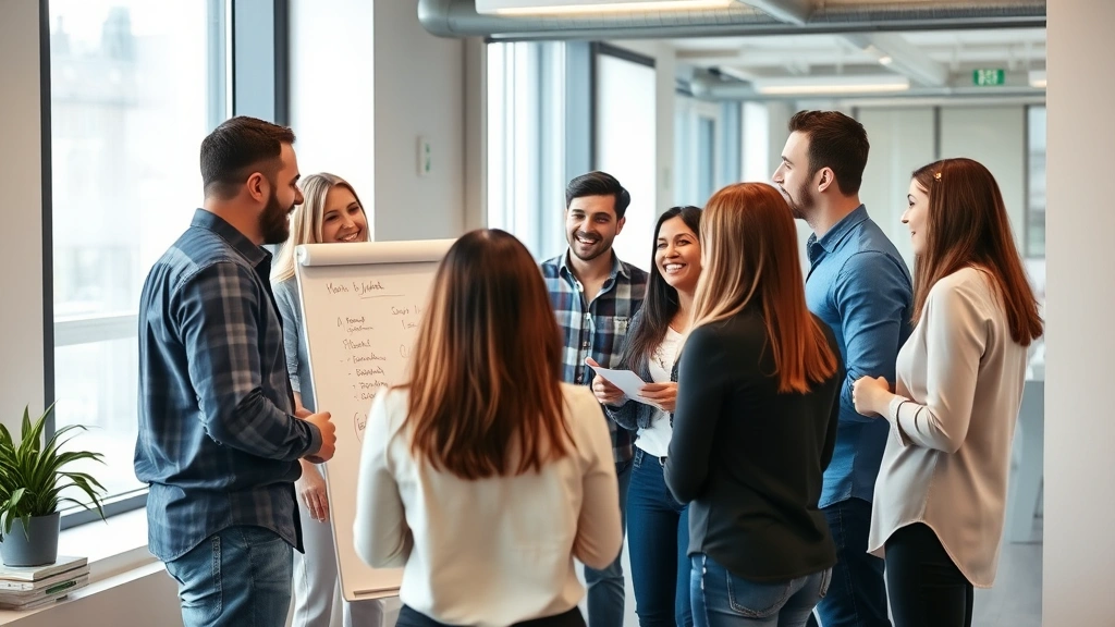 Team collaborating in modern office space around whiteboard discussion, diverse group engaged in conversation, natural window light, casual professional setting, productive energy