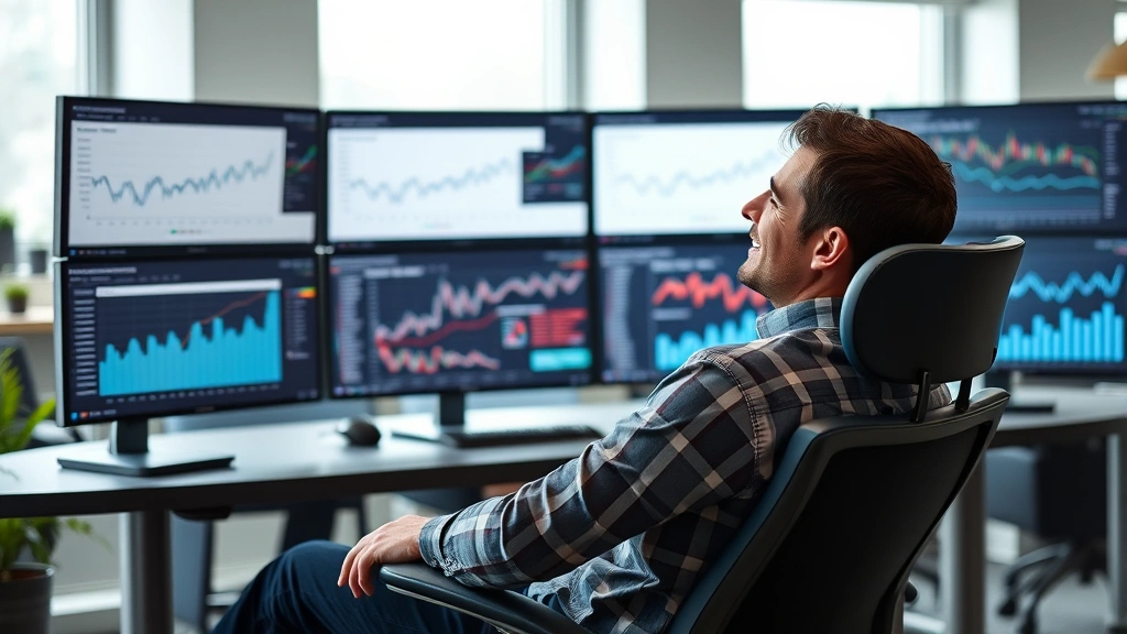 Entrepreneur reviewing analytics dashboard on multiple monitors, sitting back in chair with satisfied expression, modern startup office environment, data visualization visible but not readable