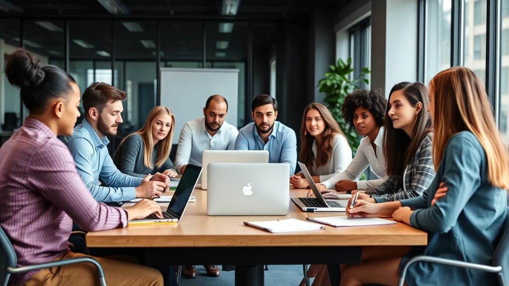 Team of diverse professionals collaborating around a conference table with laptops and notebooks, energetic but organized atmosphere, modern workspace