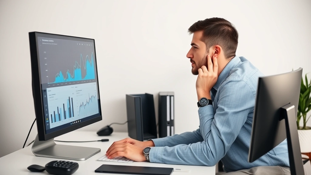 Entrepreneur looking at growth charts and analytics on computer monitor, hands on desk, contemplative expression, minimalist office setup