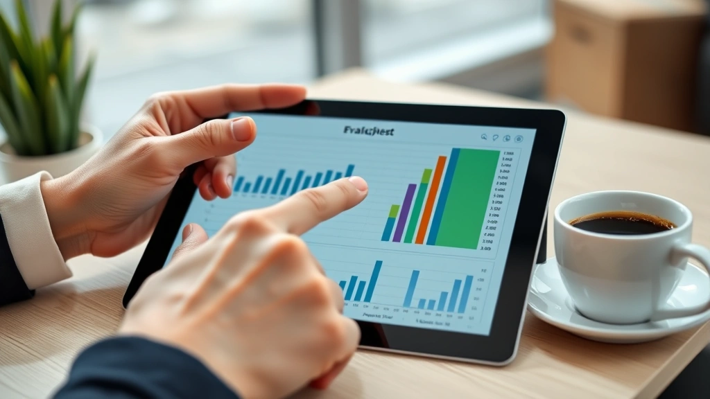 Close-up of hands pointing at financial spreadsheet on tablet, coffee cup nearby, focused business planning session, neutral modern workspace background