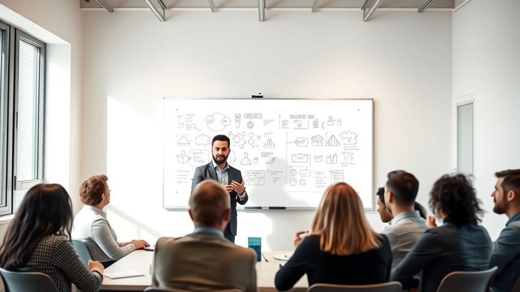 Founder presenting to small group in minimalist meeting room, whiteboard with sketched ideas visible behind, energetic but professional atmosphere, diverse team engaged