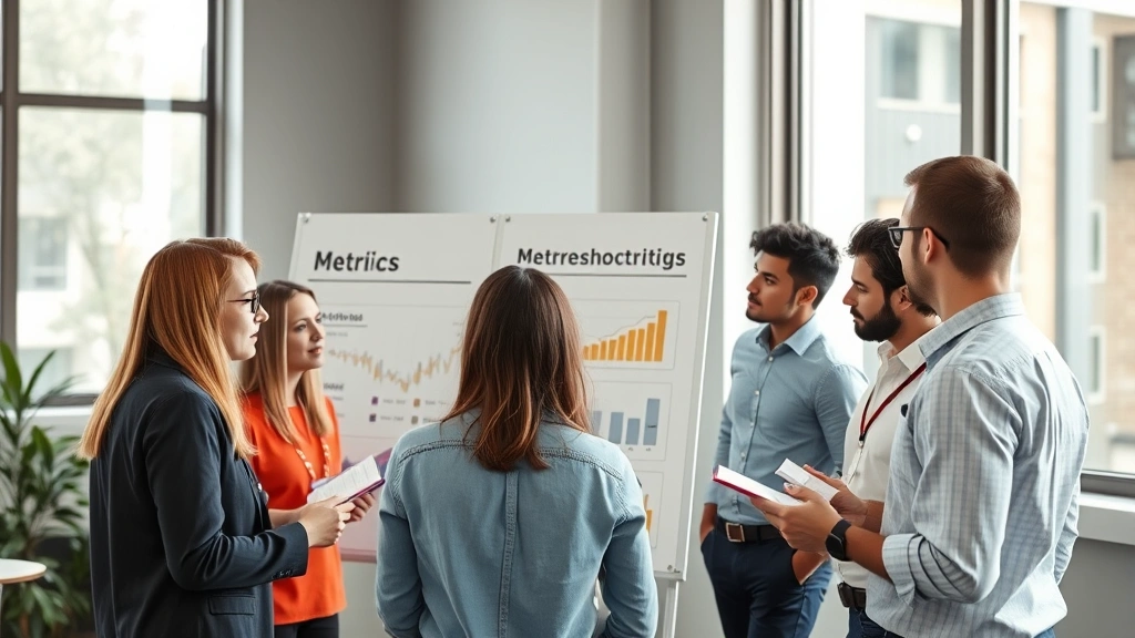 Team of entrepreneurs around whiteboard discussing metrics, collaborative energy, everyone engaged and taking notes, bright natural light from windows
