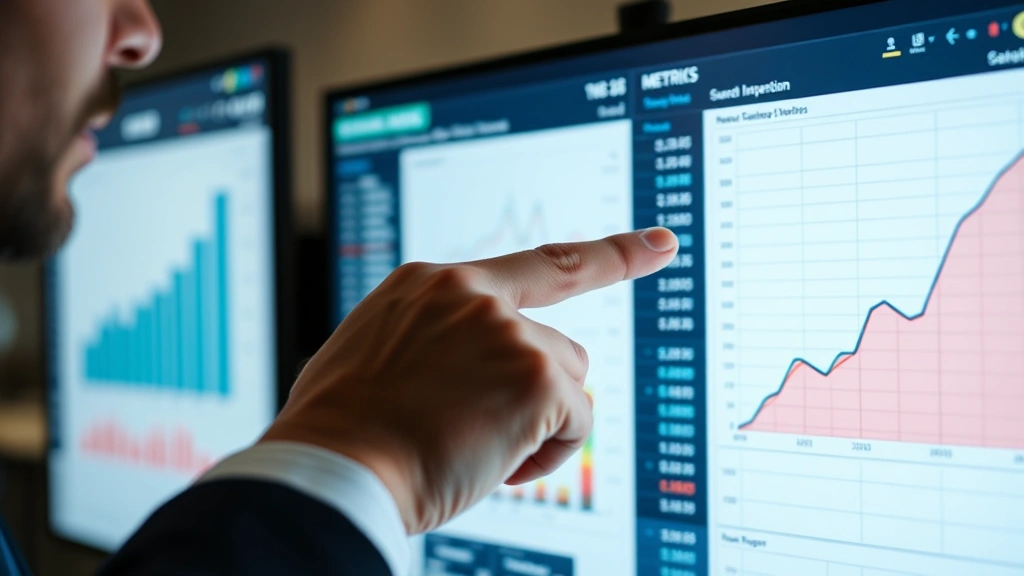 Close-up of business metrics spreadsheet on screen, founder's hand pointing at growth chart, data visualization showing upward trend, professional but authentic setting