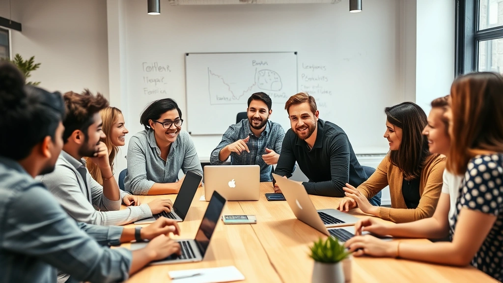 Diverse team in casual startup environment having animated discussion around table with laptops, whiteboards visible in background, collaborative energy and engaged body language