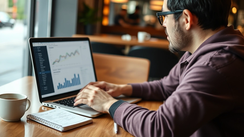 Entrepreneur reviewing metrics on laptop screen in coffee shop, notepad beside them with handwritten notes, contemplative expression showing analysis and decision-making process