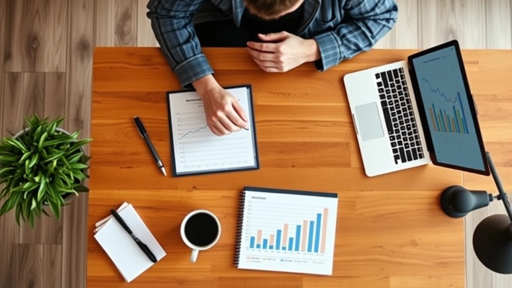 Overhead shot of a founder reviewing financial metrics and growth charts on a wooden desk with coffee, notebook, and laptop in a modern startup office environment