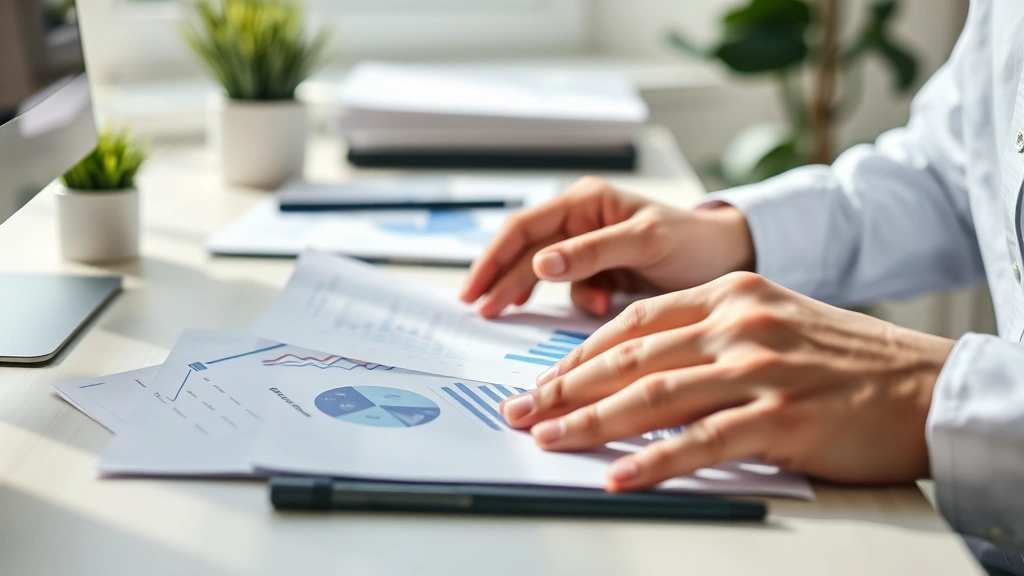 Close-up of hands analyzing business data and metrics on paper during a focused working session at a minimalist desk setup in natural daylight