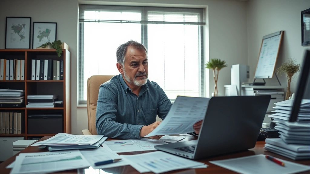 Founder sitting at a desk surrounded by financial documents and a laptop, reviewing spreadsheets with focused intensity, natural office lighting, serious but determined expression, realistic workspace