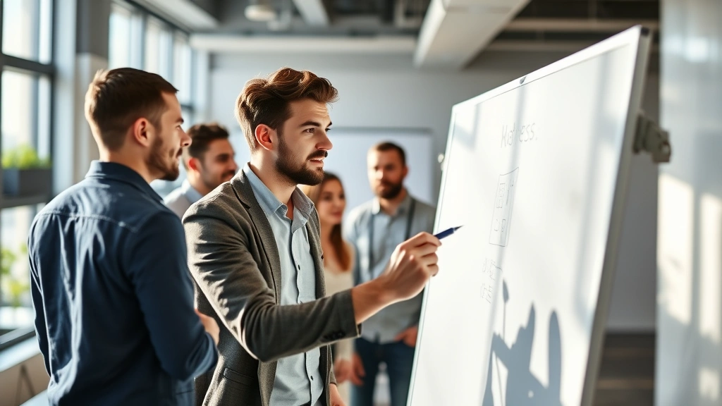 Young entrepreneur writing on a whiteboard during a team meeting, collaborating with colleagues visible in background, bright modern office, energetic and engaged atmosphere, action-oriented moment