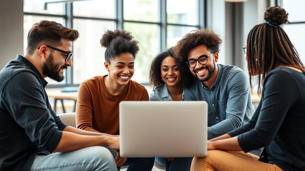 Diverse startup team having a casual meeting in a modern office space, sitting together looking at a laptop screen, natural light from windows, collaborative and supportive environment, genuine interaction