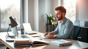 Founder working at a desk with laptop and notebooks, focused expression, morning sunlight streaming through window, minimalist startup workspace