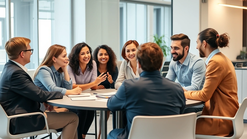 Team of diverse professionals having an animated discussion around a table, engaged body language, collaborative energy, modern office setting