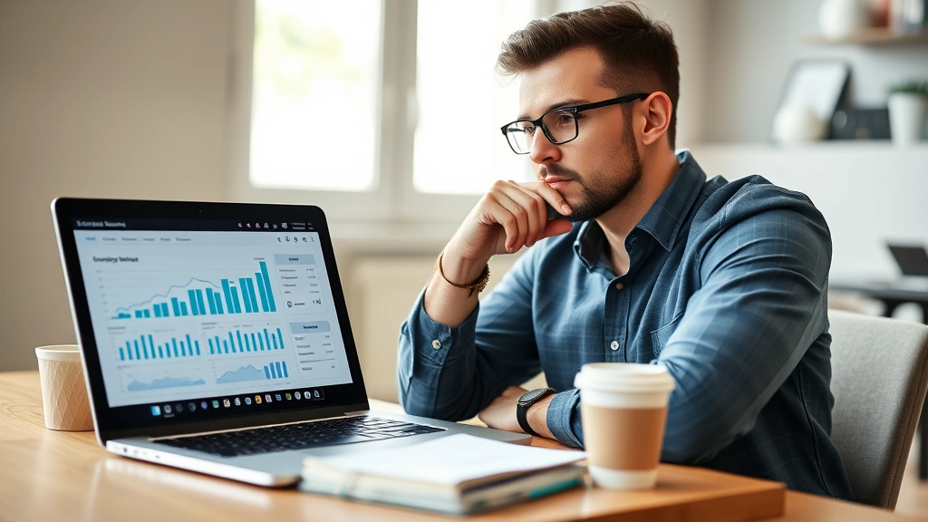 Entrepreneur reviewing metrics on a laptop screen, thoughtful pose with coffee cup nearby, natural indoor lighting, casual business attire