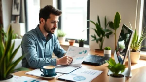 Founder reviewing financial spreadsheets and charts on desk with coffee, focused expression, natural lighting from window, modern startup workspace with plants