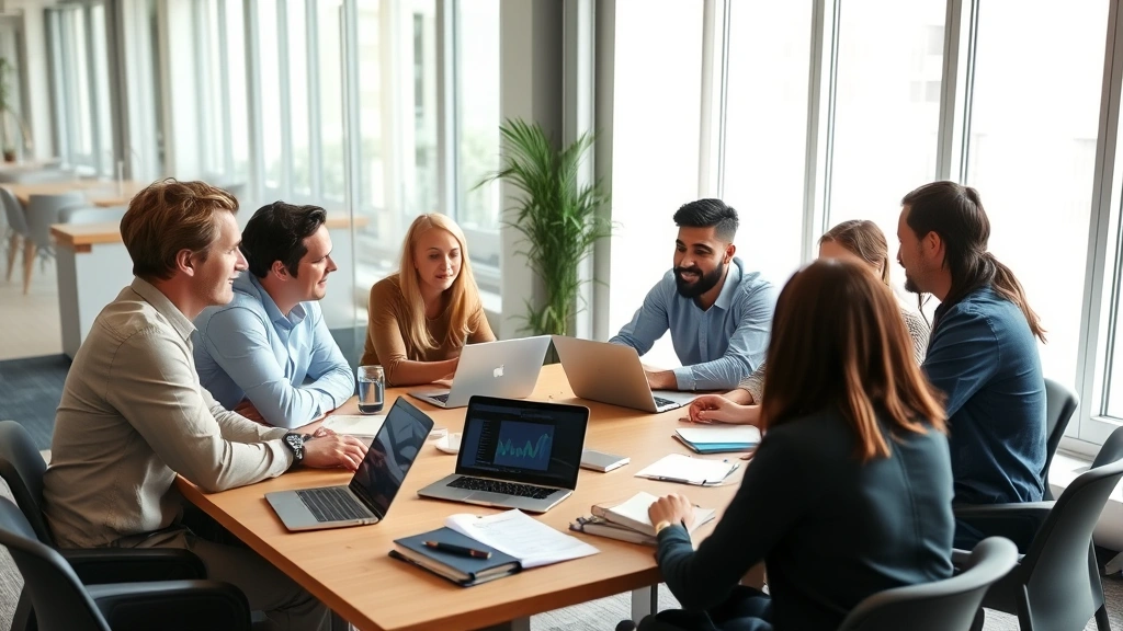 Team meeting around a table discussing growth metrics and financial planning, diverse group, collaborative energy, laptop and notebooks visible, bright office environment