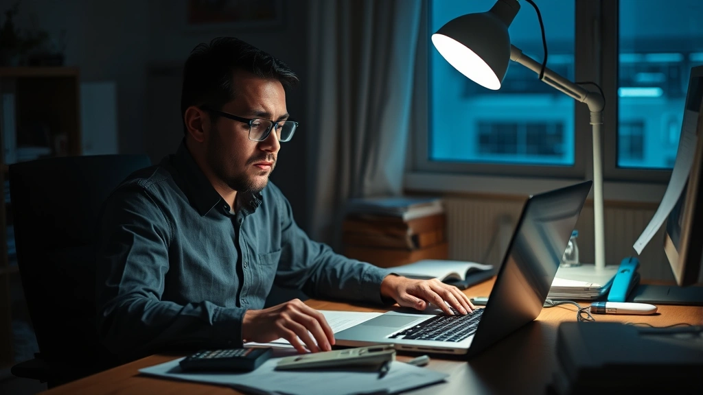 Solo founder at desk late at night working on laptop, calculator and documents scattered, determined but tired expression, desk lamp lighting, realistic startup grind atmosphere