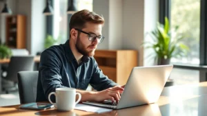 Founder at desk reviewing financial metrics on laptop with coffee cup, natural lighting, focused expression, modern startup office environment