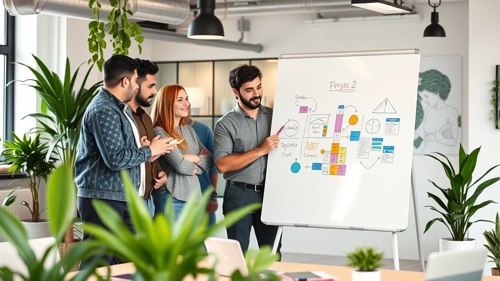 Team collaborating around whiteboard with colorful markers, diverse group, energetic atmosphere, startup workspace with plants and modern furniture